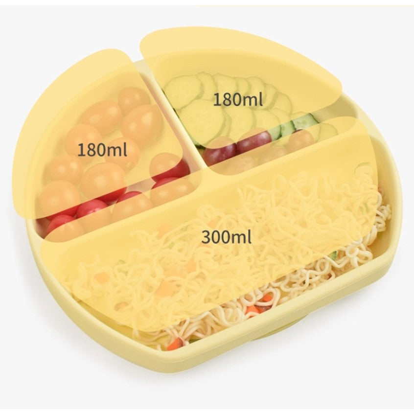 Set 5 piese diversificare bebelusi si copii din silicon Flippy, baveta, farfurie compartimentata cu ventuza, bol cu ventuza, tacamuri, fara alergeni, galben-3