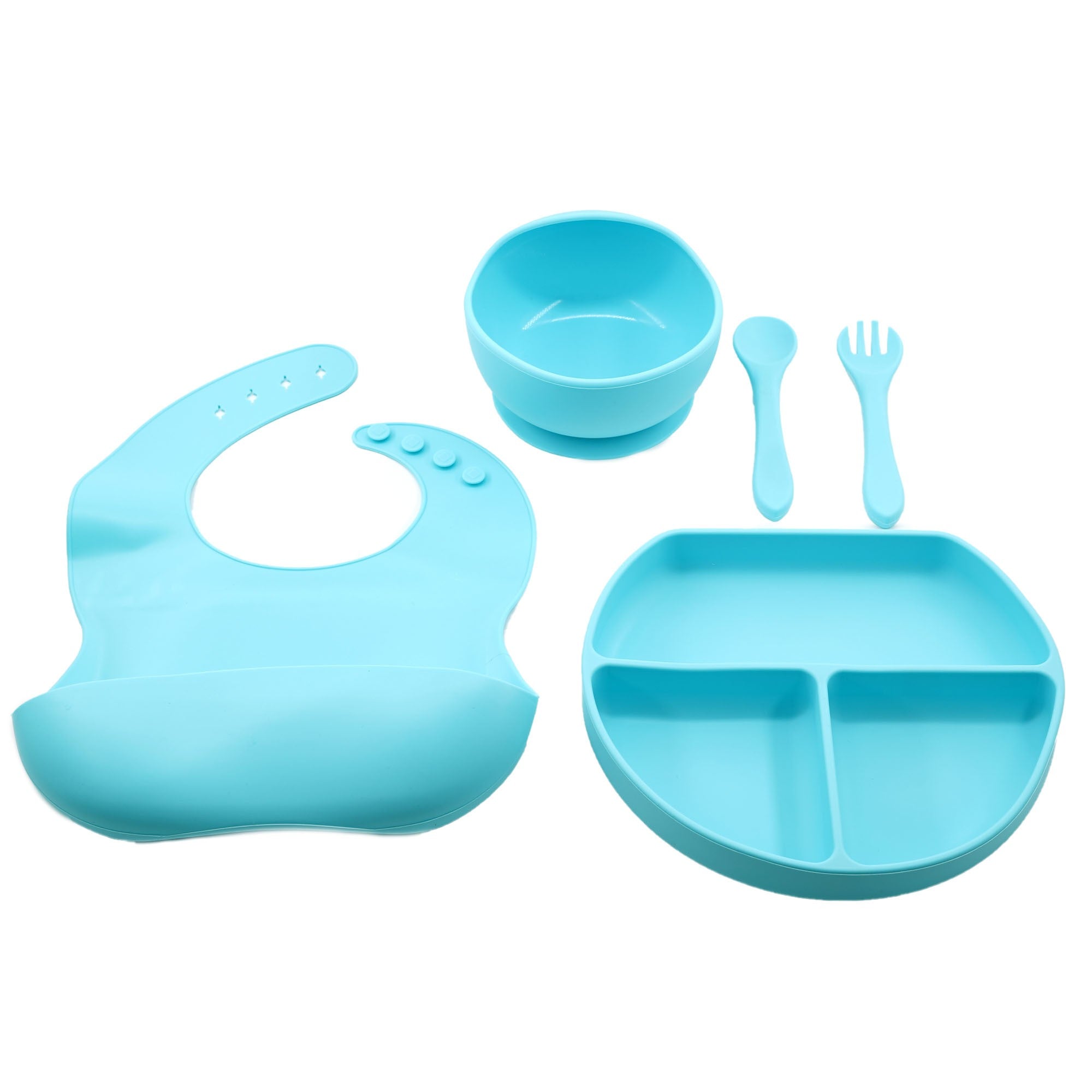 Set 5 piese diversificare bebelusi si copii din silicon Flippy, baveta, farfurie compartimentata cu ventuza, bol cu ventuza, tacamuri, fara alergeni, albastru-0