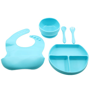 Set 5 piese diversificare bebelusi si copii din silicon Flippy, baveta, farfurie compartimentata cu ventuza, bol cu ventuza, tacamuri, fara alergeni, albastru-0