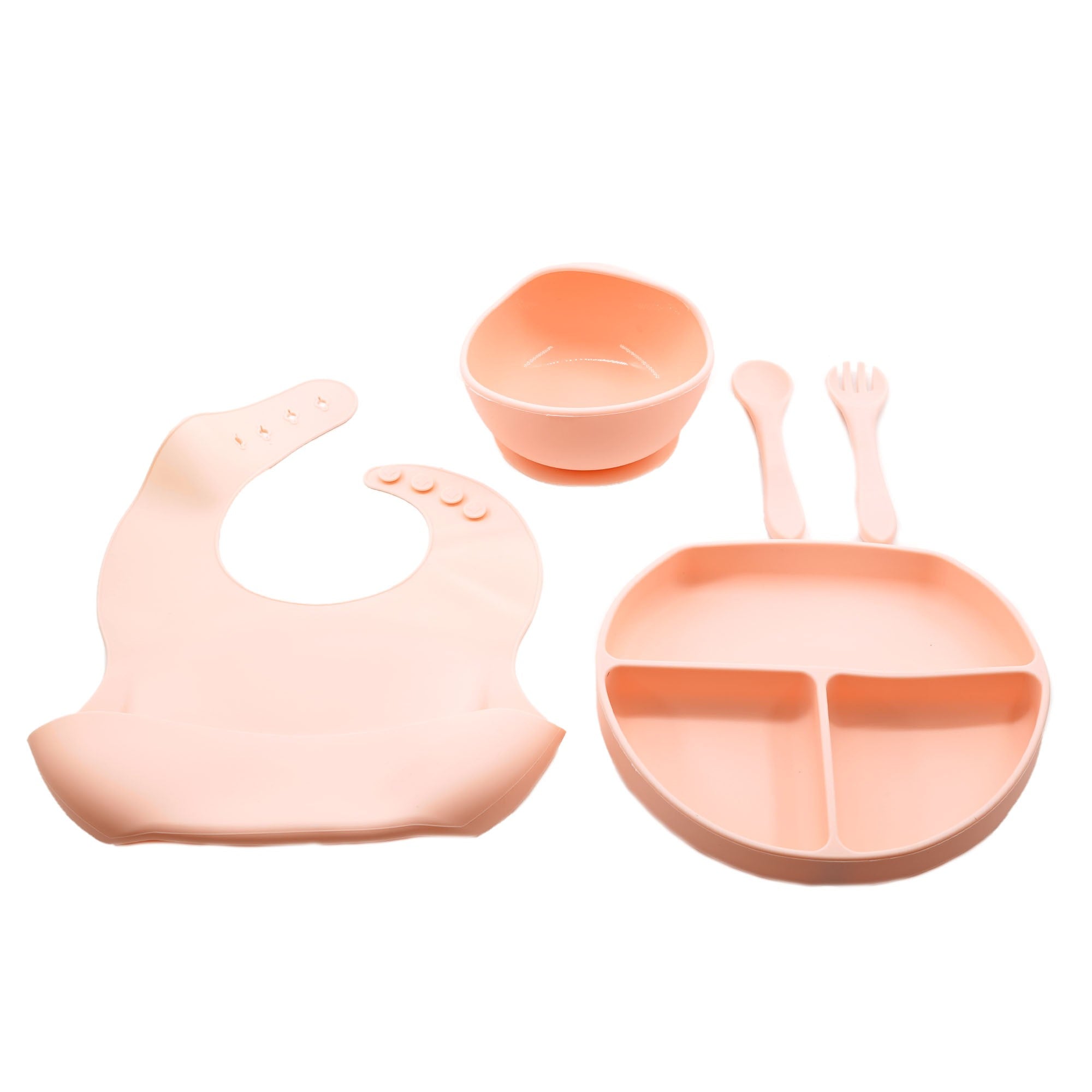 Set 5 piese diversificare bebelusi si copii din silicon Flippy, baveta, farfurie compartimentata cu ventuza, bol cu ventuza, tacamuri, fara alergeni, roz-0