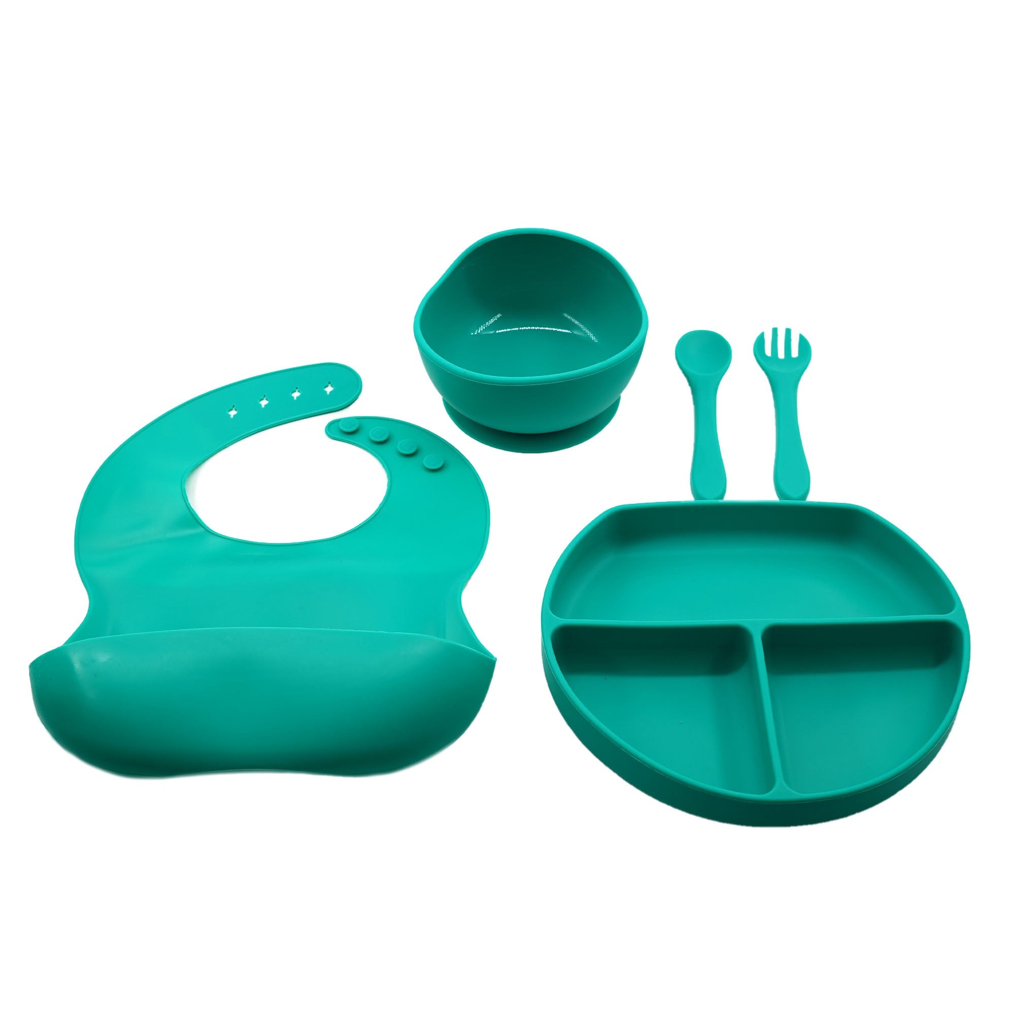 Set 5 piese diversificare bebelusi si copii din silicon Flippy, baveta, farfurie compartimentata cu ventuza, bol cu ventuza, tacamuri, fara alergeni, verde-0