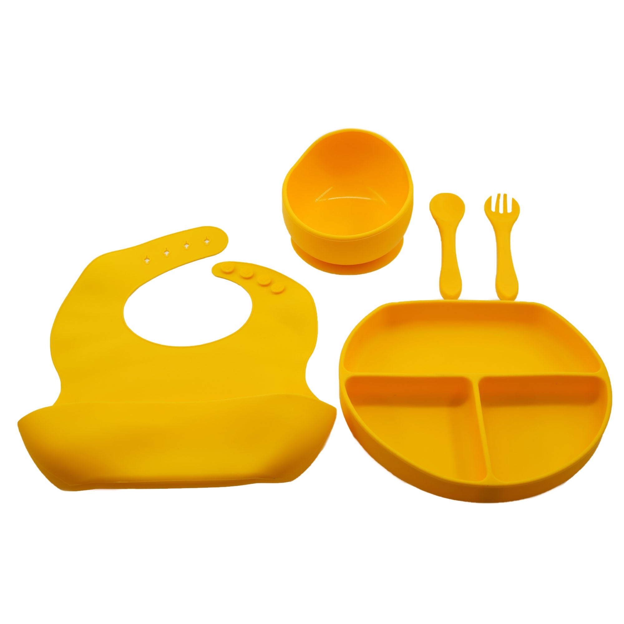 Set 5 piese diversificare bebelusi si copii din silicon Flippy, baveta, farfurie compartimentata cu ventuza, bol cu ventuza, tacamuri, fara alergeni, galben-0