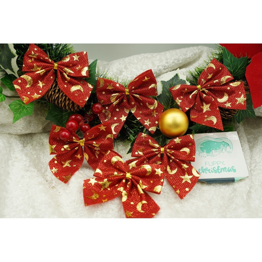 Set 6 fundite pentru brad, Rosii, cu stelute , 8 x 8 cm, din poliester, Flippy-2