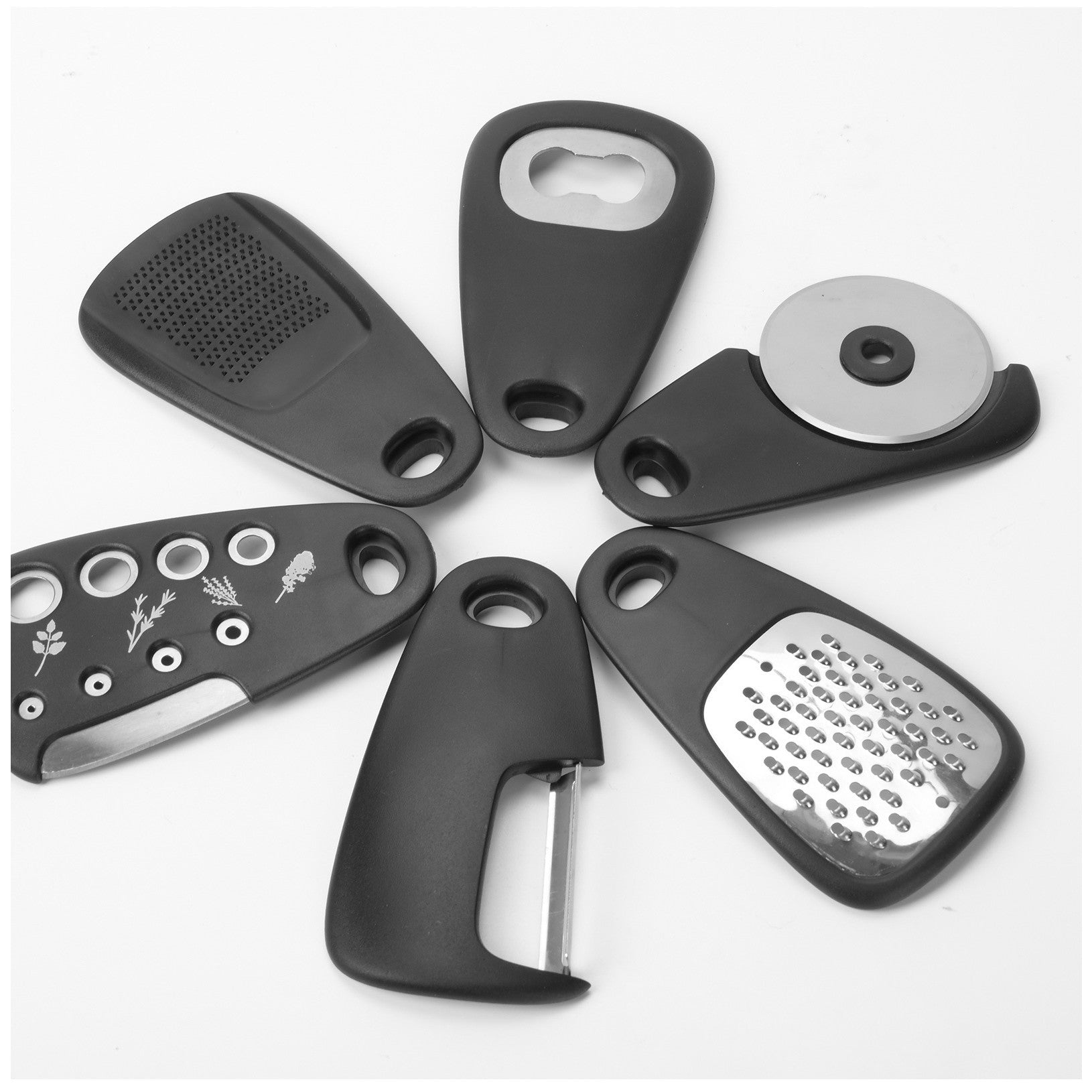 Set 6 in 1 mini ustensile bucatarie Flippy, taietor pizza, cutit, curatator, razatoare, desfacator, presa usturoi, manere din ABS, lame ascutite din otel inoxidabil, 7.1 x 12.9 x 4.8 cm,  negru-9