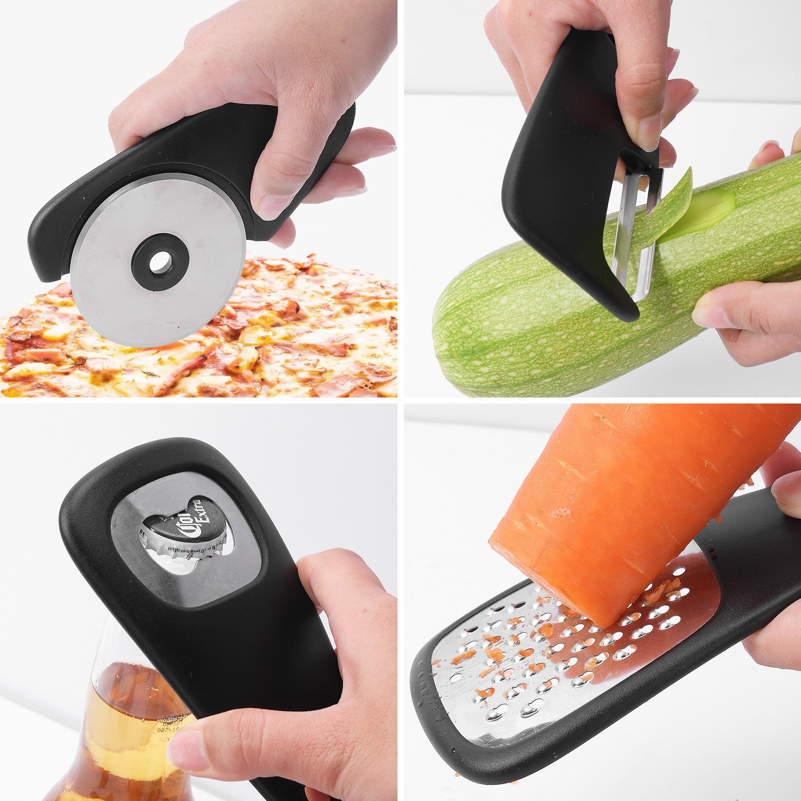 Set 6 in 1 mini ustensile bucatarie Flippy, taietor pizza, cutit, curatator, razatoare, desfacator, presa usturoi, manere din ABS, lame ascutite din otel inoxidabil, 7.1 x 12.9 x 4.8 cm,  negru-11
