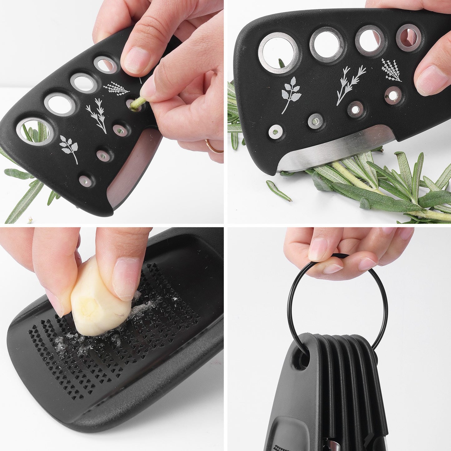 Set 6 in 1 mini ustensile bucatarie Flippy, taietor pizza, cutit, curatator, razatoare, desfacator, presa usturoi, manere din ABS, lame ascutite din otel inoxidabil, 7.1 x 12.9 x 4.8 cm,  negru-12