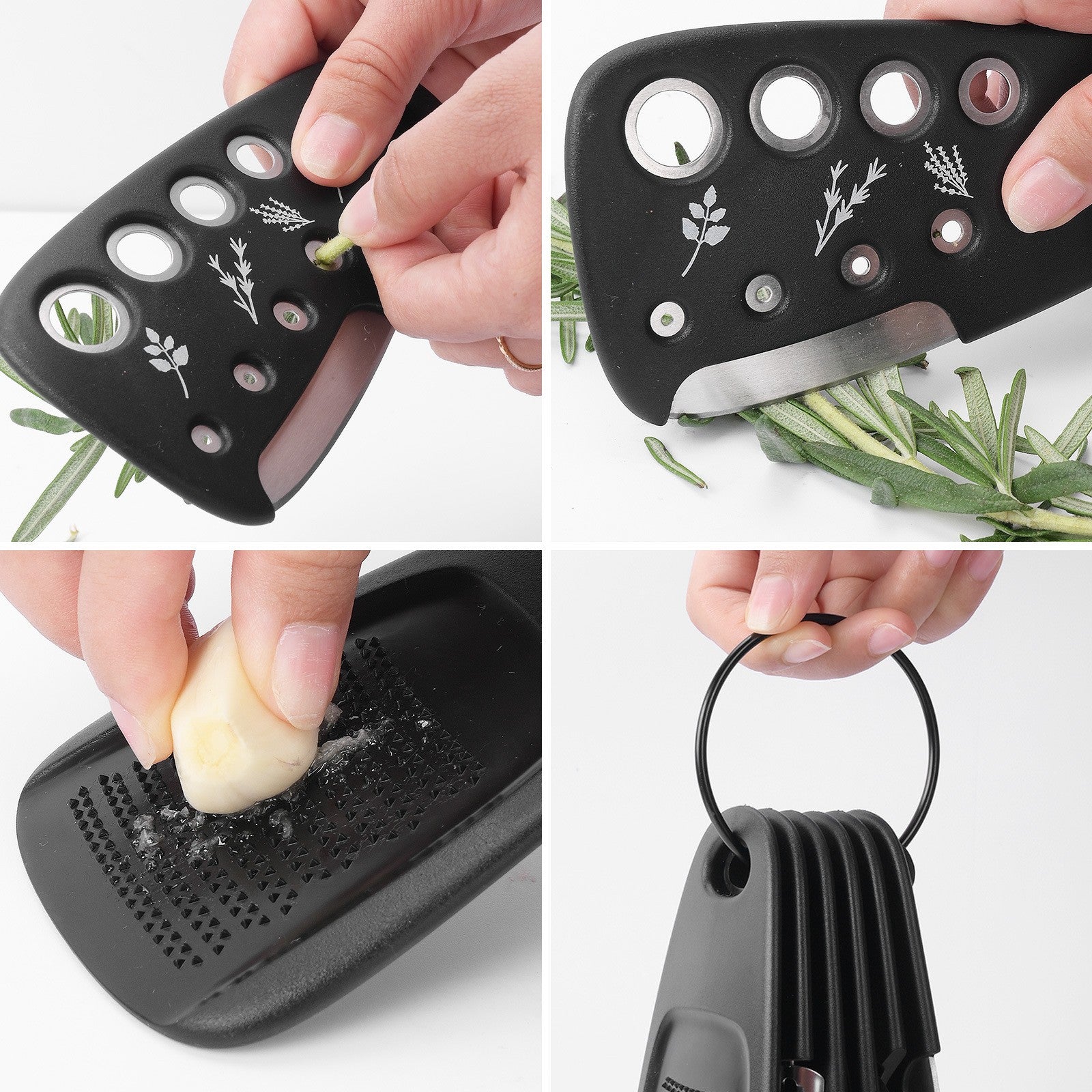 Set 6 in 1 mini ustensile bucatarie Flippy, taietor pizza, cutit, curatator, razatoare, desfacator, presa usturoi, manere din ABS, lame ascutite din otel inoxidabil, 7.1 x 12.9 x 4.8 cm,  negru-12