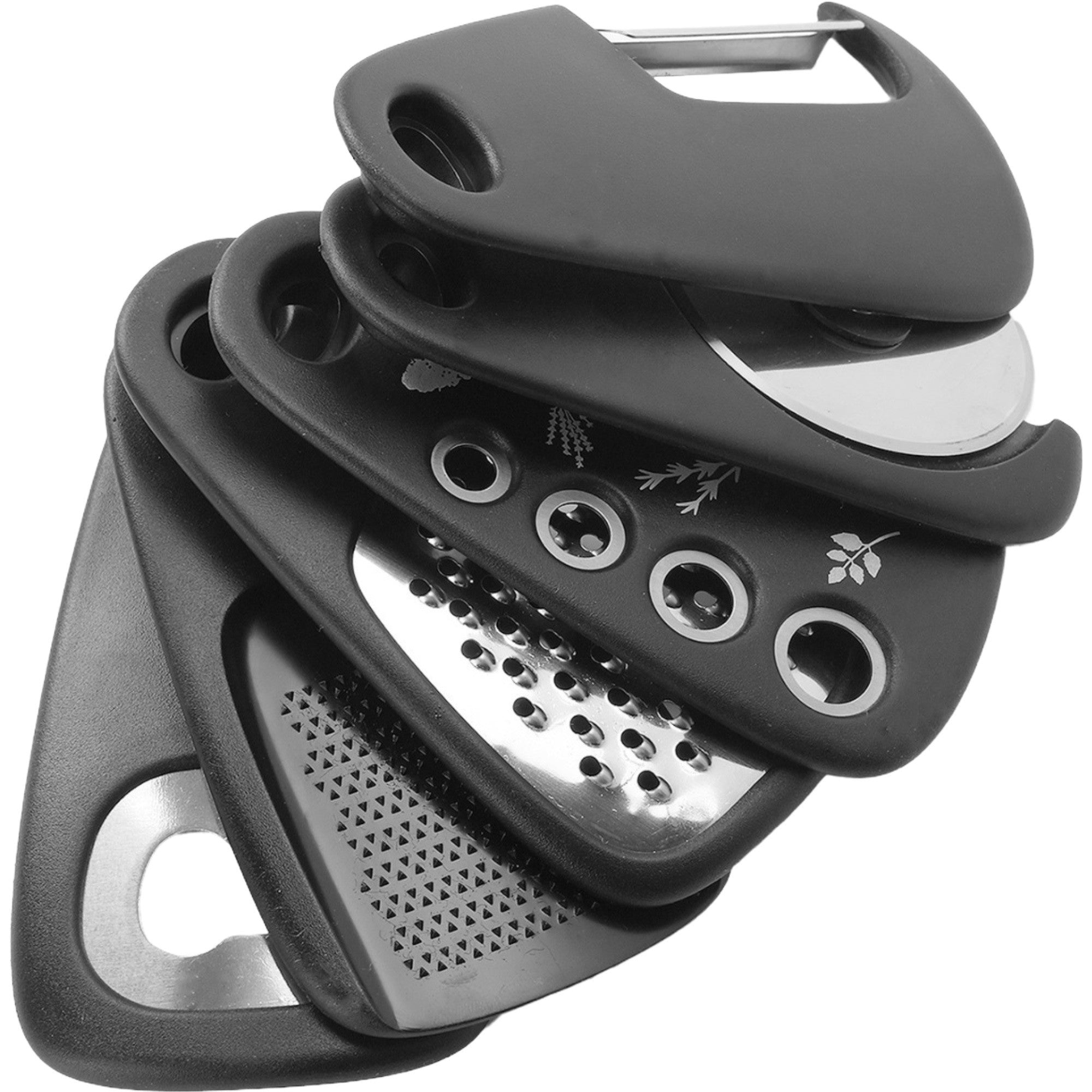 Set 6 in 1 mini ustensile bucatarie Flippy, taietor pizza, cutit, curatator, razatoare, desfacator, presa usturoi, manere din ABS, lame ascutite din otel inoxidabil, 7.1 x 12.9 x 4.8 cm,  negru-0