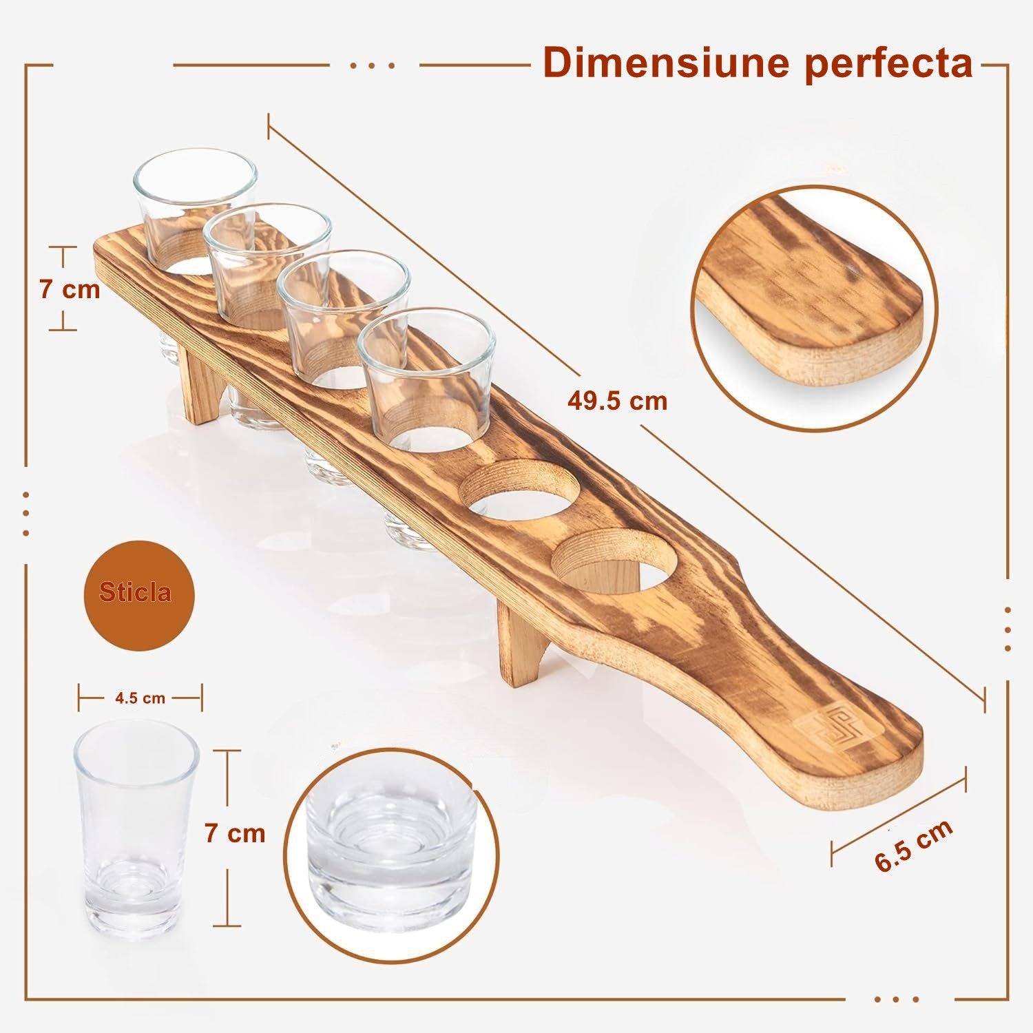 Set 6 Pahare Shot din Sticla Flippy, cu Suport din Lemn, Design Rustic, 49.5 x 7 x 6.5 cm, Maro-1