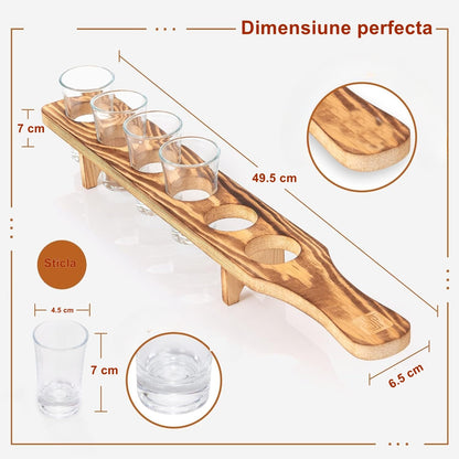 Set 6 Pahare Shot din Sticla Flippy, cu Suport din Lemn, Design Rustic, 49.5 x 7 x 6.5 cm, Maro-1