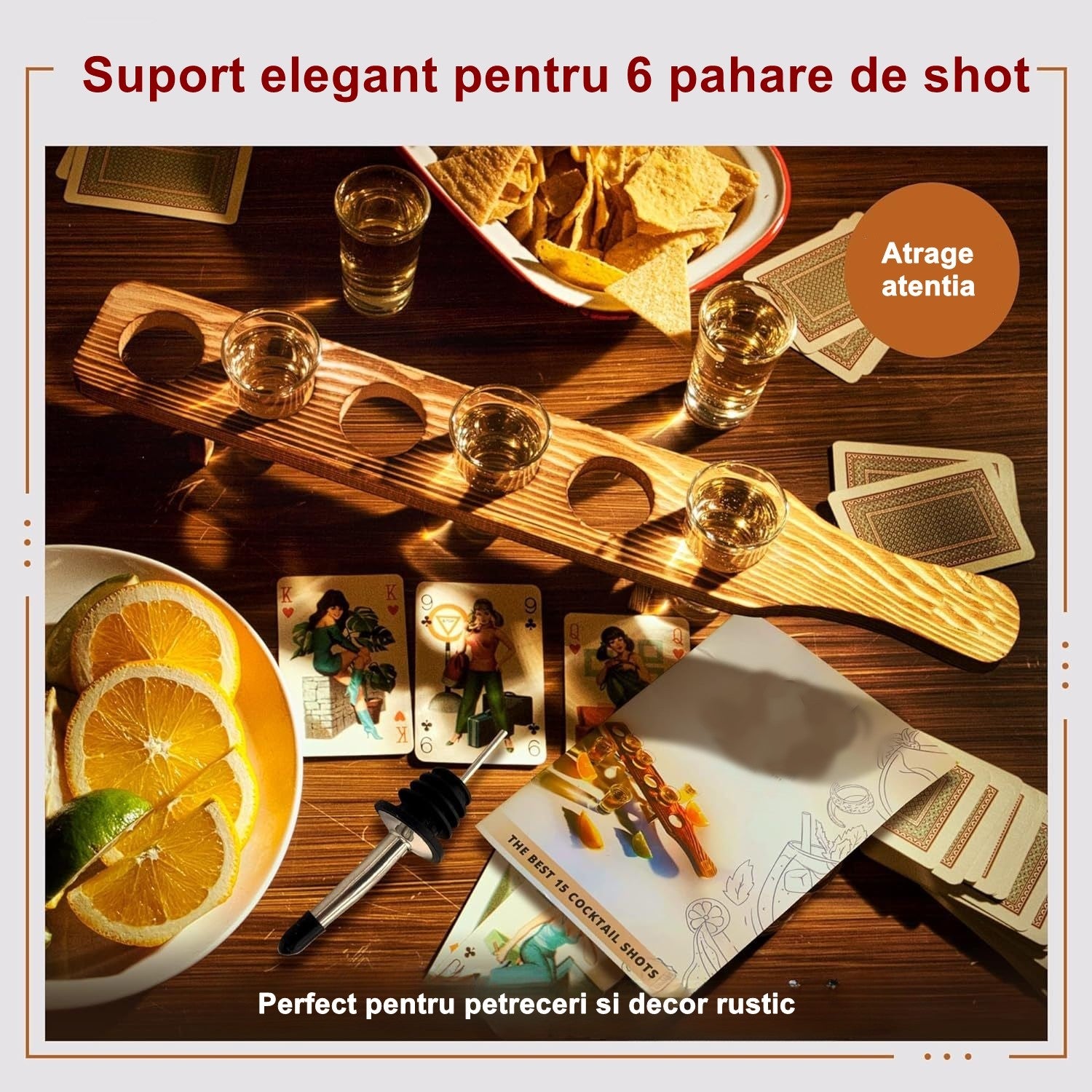 Set 6 Pahare Shot din Sticla Flippy, cu Suport din Lemn, Design Rustic, 49.5 x 7 x 6.5 cm, Maro-2