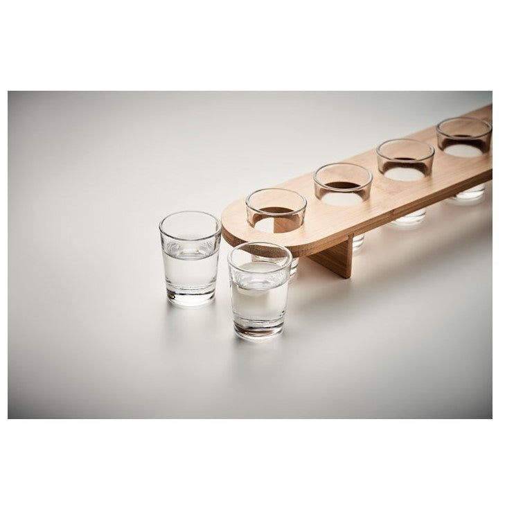 Set 6 Pahare Shot din Sticla Flippy, cu Suport din Lemn, Design Rustic, 49.5 x 7 x 6.5 cm, Maro-4