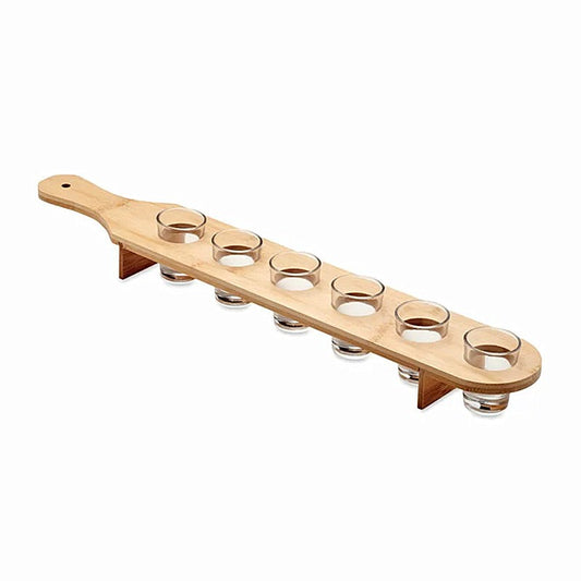 Set 6 Pahare Shot din Sticla Flippy, cu Suport din Lemn, Design Rustic, 49.5 x 7 x 6.5 cm, Maro-0