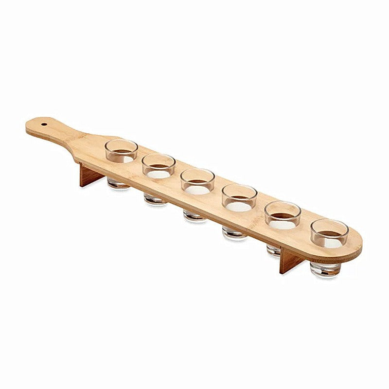 Set 6 Pahare Shot din Sticla Flippy, cu Suport din Lemn, Design Rustic, 49.5 x 7 x 6.5 cm, Maro-0