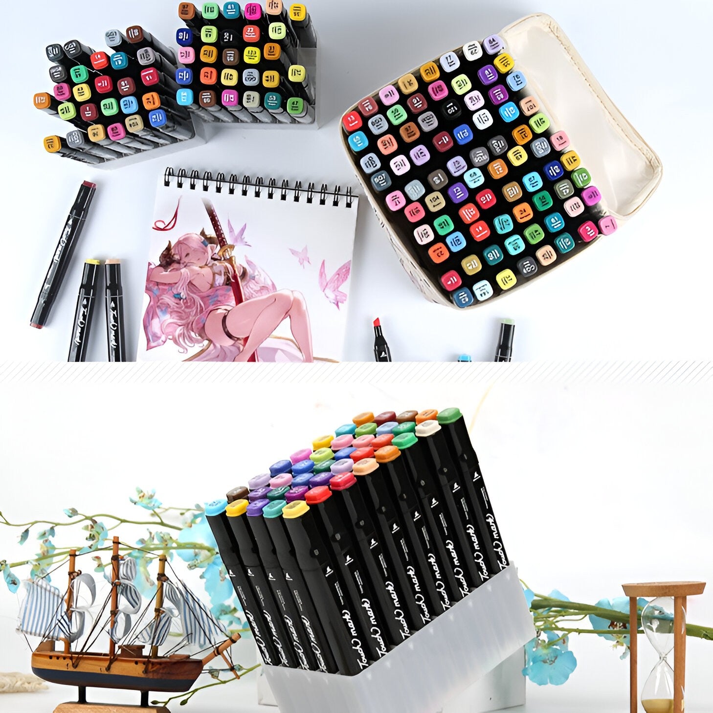 Set 60 Markere Duble cu Alcool Touch Room, Geanta Inclusa, Flippy, Model 1 Multicolor-4