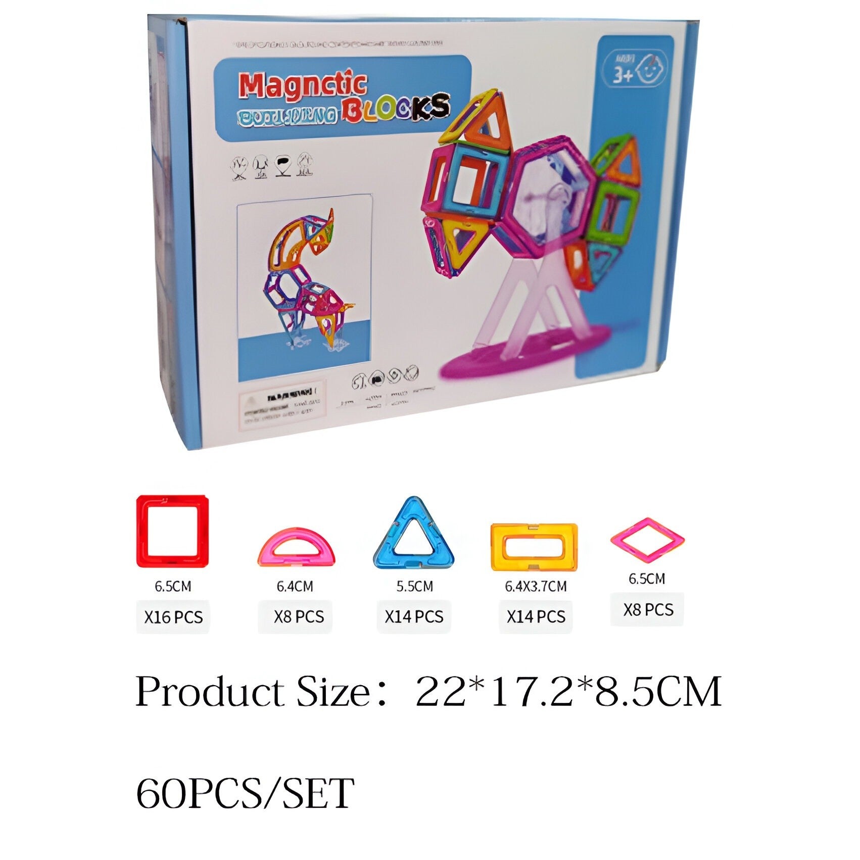Set 60 Piese Magnetice de Constructie, Flippy, Piese Mari, Magnetic Blocks, Forme Geometrice, 3 Ani, ABS, Magnet, 22 x 17.2 x 8.5 cm, Multicolor-1