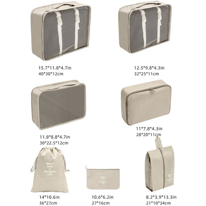 Set 7 Genti de Calatorie, Flippy, pentru Depozitare, Compresibile, 7 Dimensiuni, Impermeabile, Design cu Plasa, Pliabile, Manere Robuste, Fermoar dublu, Bej-2