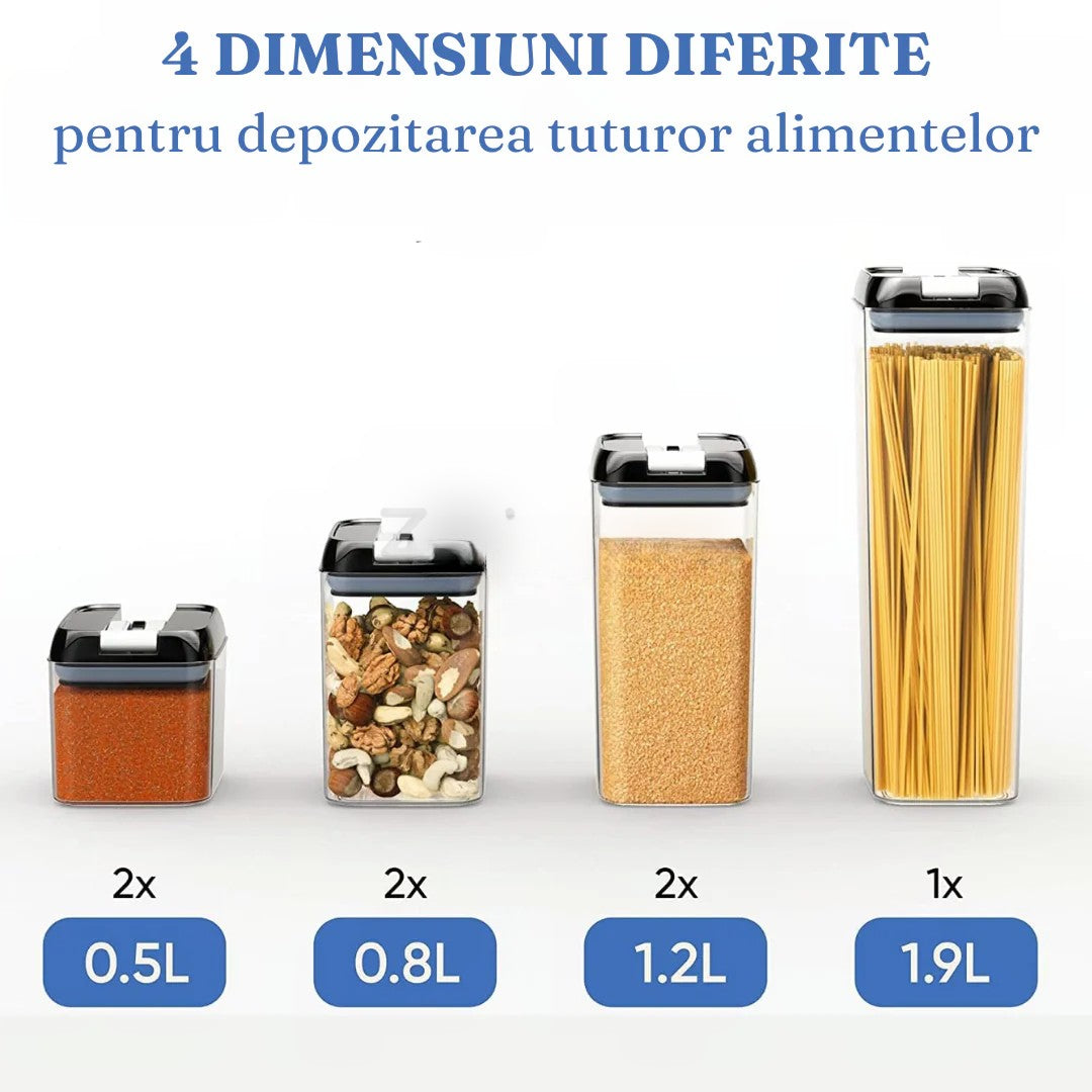 Set 7 Recipiente Organizare Alimente, Flippy, Inchidere Etansa, Etichete Reutilizabile, Cupe Masurare, 4 Dimensiuni Diferite, din Plastic Dur, Transparent-1