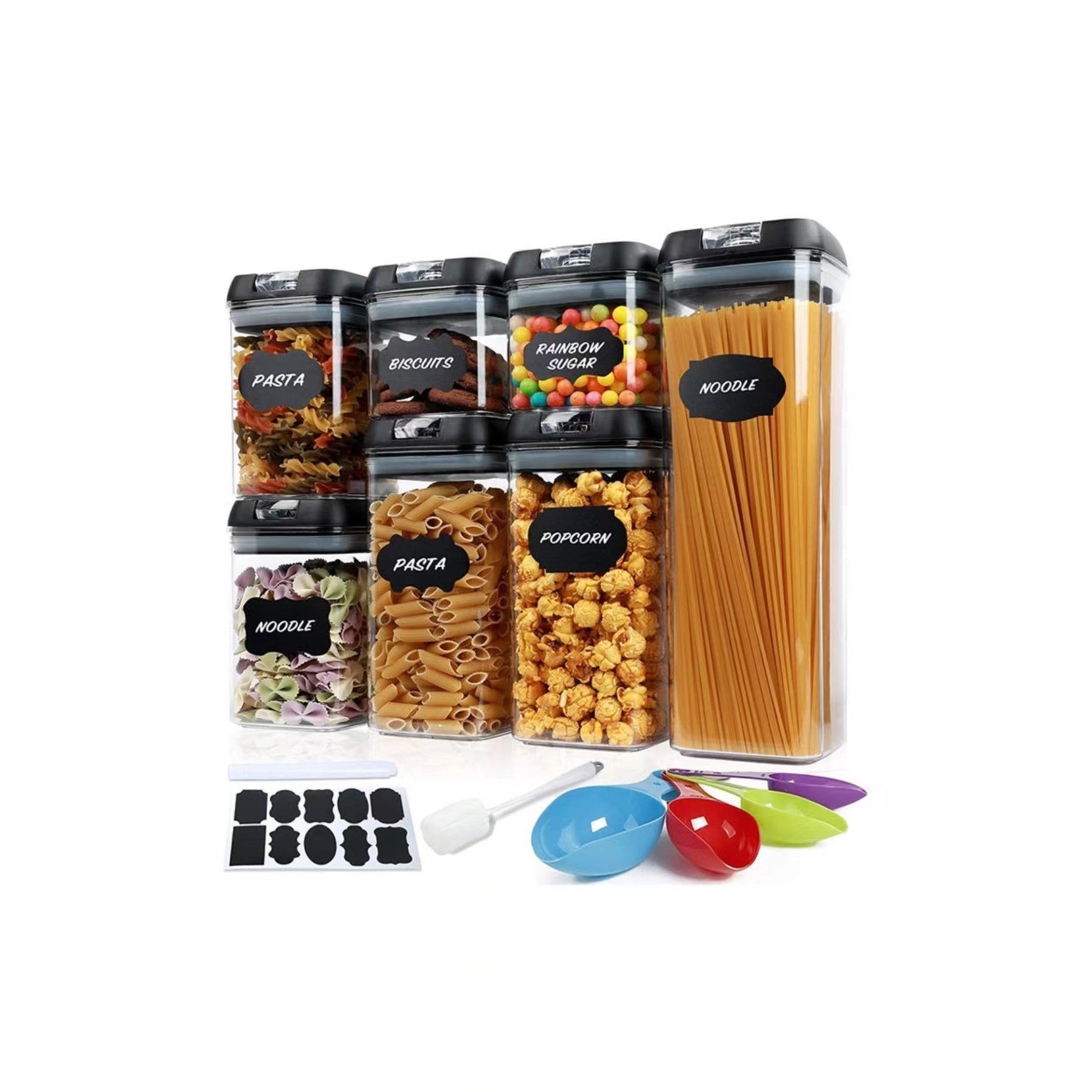 Set 7 Recipiente Organizare Alimente, Flippy, Inchidere Etansa, Etichete Reutilizabile, Cupe Masurare, 4 Dimensiuni Diferite, din Plastic Dur, Transparent-9
