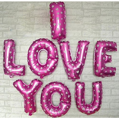 Set 8 Baloane din Folie Metalizata, Figurine Litere, Model I Love You, Tema Ziua Indragostitilor, 40 cm, Ambalaj Individual, Pai Inclus, Umflare cu Aer sau Heliu, Roz cu Inimioare Albe-1
