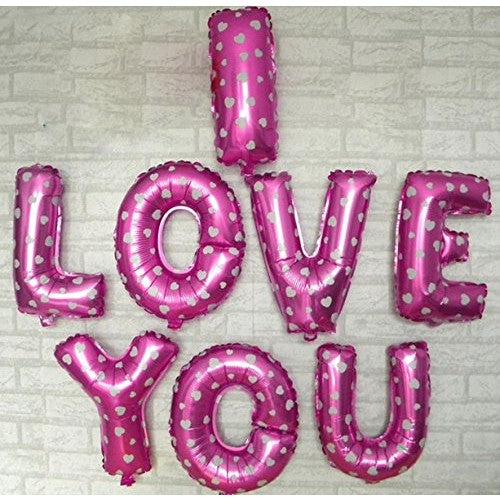 Set 8 Baloane din Folie Metalizata, Figurine Litere, Model I Love You, Tema Ziua Indragostitilor, 40 cm, Ambalaj Individual, Pai Inclus, Umflare cu Aer sau Heliu, Roz cu Inimioare Albe-1