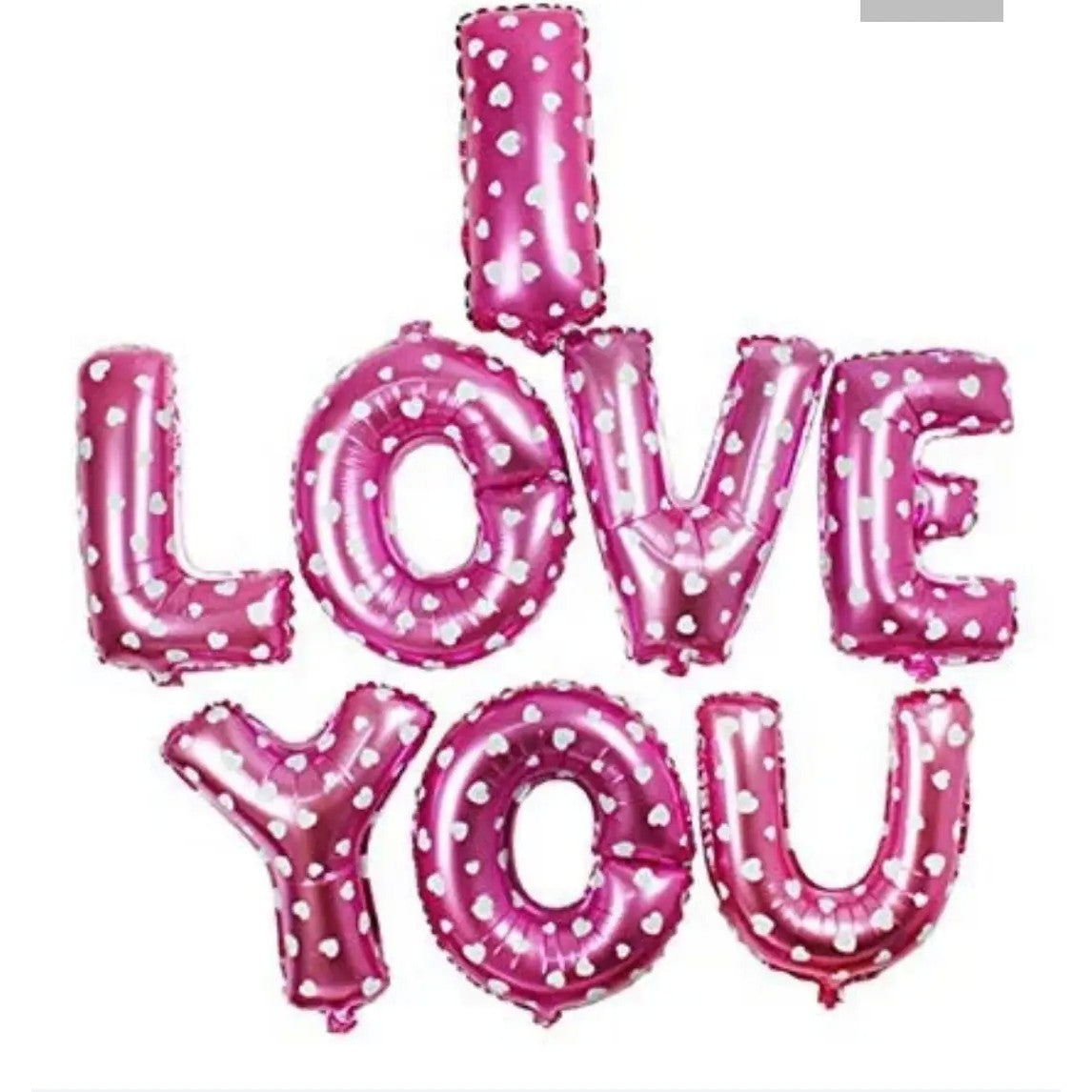 Set 8 Baloane din Folie Metalizata, Figurine Litere, Model I Love You, Tema Ziua Indragostitilor, 40 cm, Ambalaj Individual, Pai Inclus, Umflare cu Aer sau Heliu, Roz cu Inimioare Albe-2