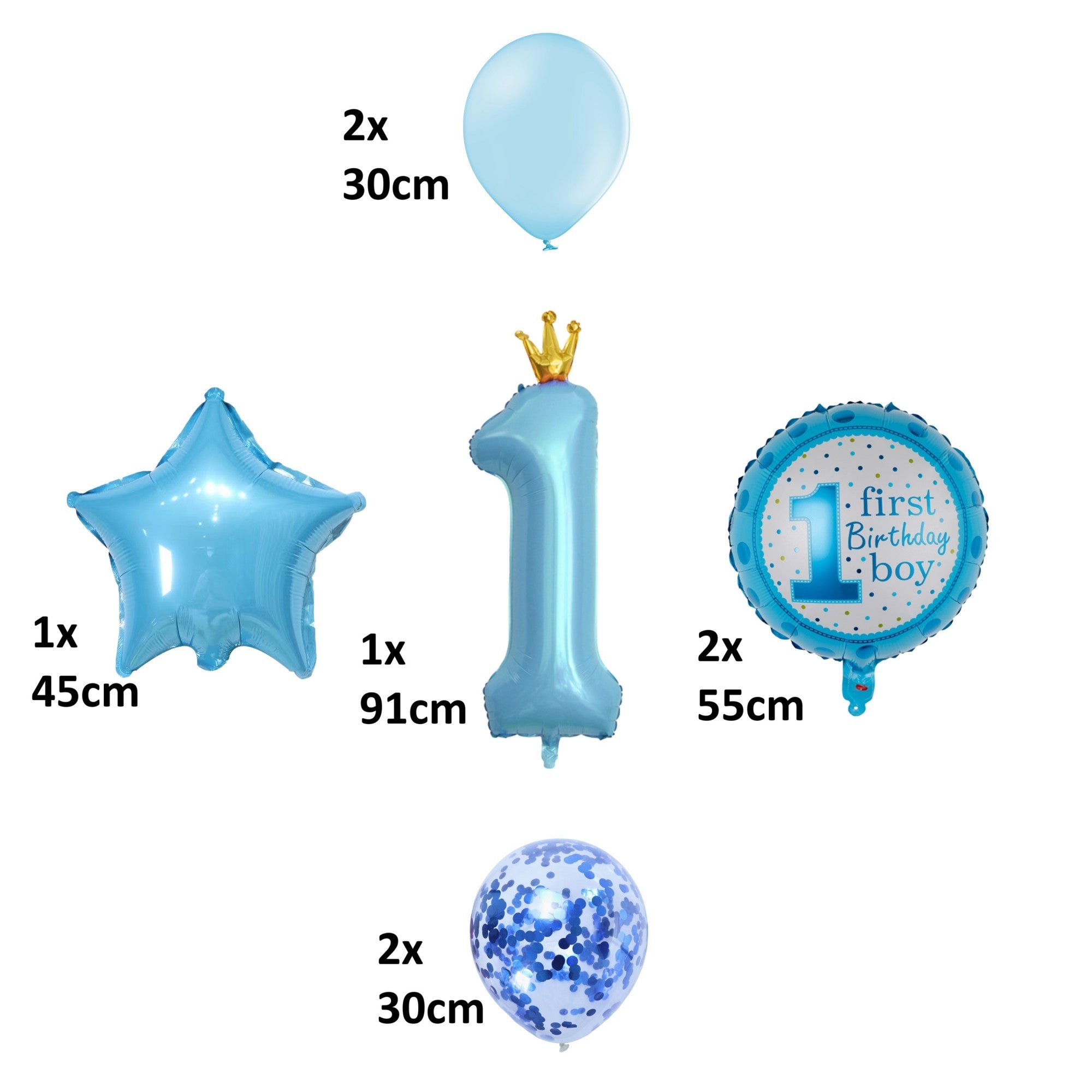 Set 8 Baloane din Folie Metalizată si din Latex, Flippy, Model Prima Aniversare, Baloane Party, 91cm, 45 cm, 30 cm, Ambalaj Individual, Pai Inclus, Albastru-7