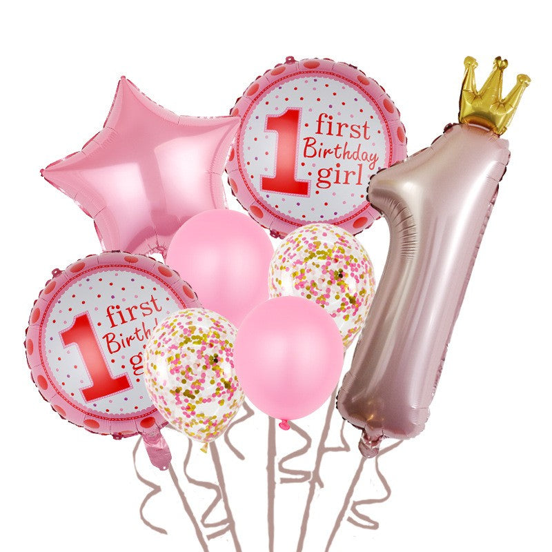 Set 8 Baloane din Folie Metalizată si din Latex, Flippy, Model Prima Aniversare, Baloane Party, 91cm, 45 cm, 30 cm, Ambalaj Individual, Pai Inclus,  Roz-0