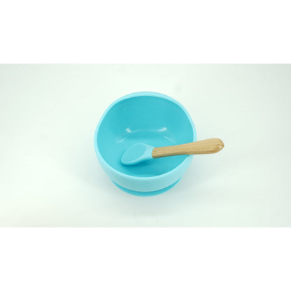 Set 8 piese diversificare bebelusi si copii din silicon Flippy, baveta, farfurie compartimentata cu ventuza, bol cu ventuza, tacamuri din lemn si silicon, cana pentru gustari, fara alergeni, albastru-1
