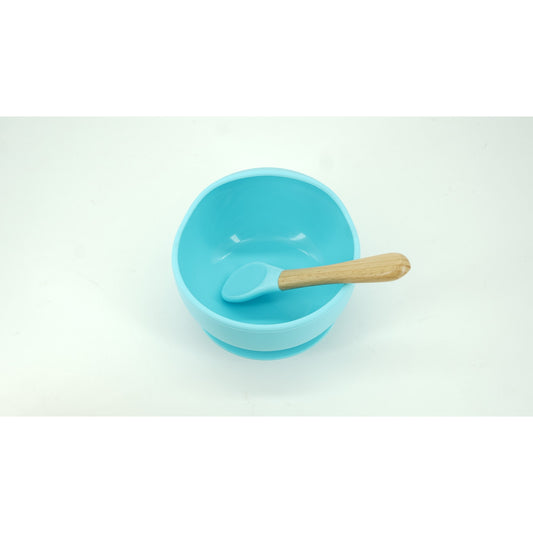 Set 8 piese diversificare bebelusi si copii din silicon Flippy, baveta, farfurie compartimentata cu ventuza, bol cu ventuza, tacamuri din lemn si silicon, cana pentru gustari, fara alergeni, albastru-1