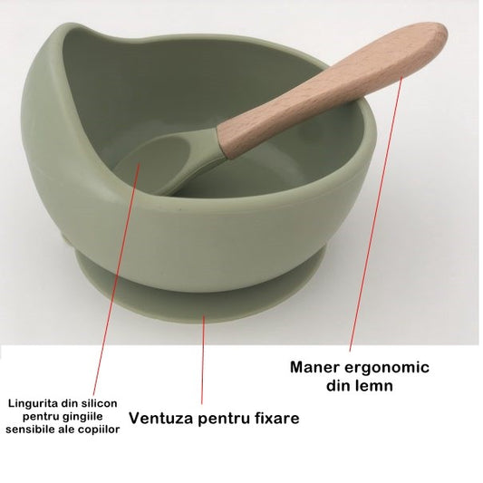 Set 8 piese diversificare bebelusi si copii din silicon Flippy, baveta, farfurie compartimentata cu ventuza, bol cu ventuza, tacamuri din lemn si silicon, cana pentru gustari, fara alergeni, verde inchis-1
