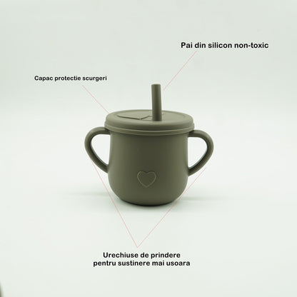 Set 8 piese diversificare bebelusi si copii din silicon Flippy, baveta, farfurie compartimentata cu ventuza, bol cu ventuza, tacamuri din lemn si silicon, cana pentru gustari, fara alergeni, verde inchis-5