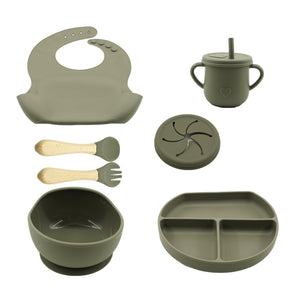 Set 8 piese diversificare bebelusi si copii din silicon Flippy, baveta, farfurie compartimentata cu ventuza, bol cu ventuza, tacamuri din lemn si silicon, cana pentru gustari, fara alergeni, verde inchis-0