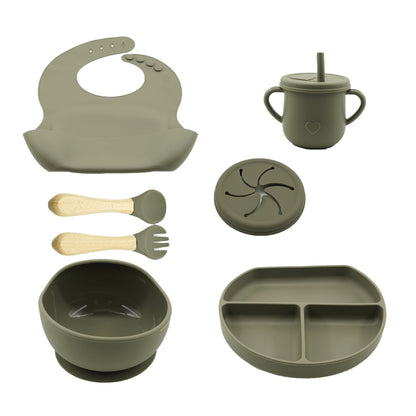 Set 8 piese diversificare bebelusi si copii din silicon Flippy, baveta, farfurie compartimentata cu ventuza, bol cu ventuza, tacamuri din lemn si silicon, cana pentru gustari, fara alergeni, verde inchis-0