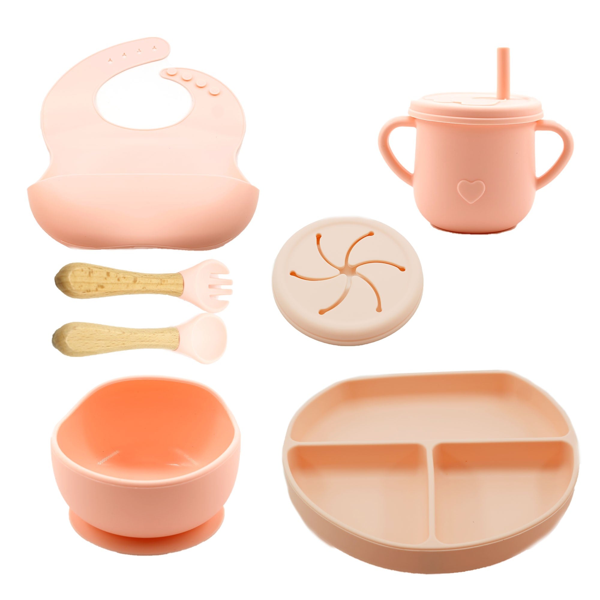 Set 8 piese diversificare bebelusi si copii din silicon Flippy, baveta, farfurie compartimentata cu ventuza, bol cu ventuza, tacamuri din lemn si silicon, cana pentru gustari, fara alergeni, roz-0