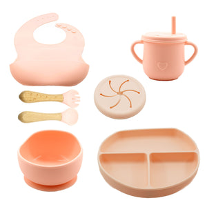 Set 8 piese diversificare bebelusi si copii din silicon Flippy, baveta, farfurie compartimentata cu ventuza, bol cu ventuza, tacamuri din lemn si silicon, cana pentru gustari, fara alergeni, roz-0