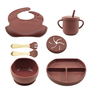 Set 8 piese diversificare bebelusi si copii din silicon Flippy, baveta, farfurie compartimentata cu ventuza, bol cu ventuza, tacamuri din lemn si silicon, cana pentru gustari, fara alergeni, maro-0