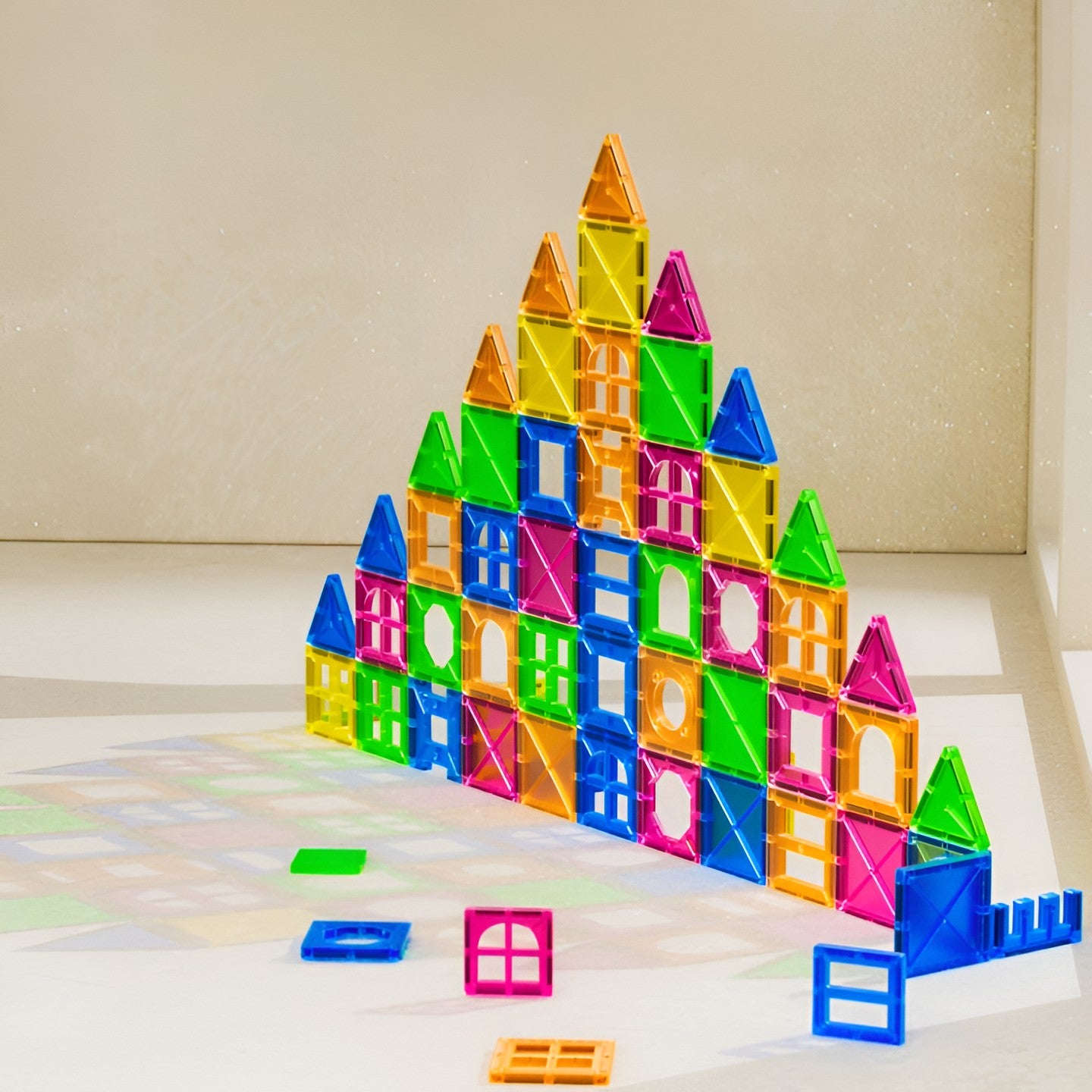 Set 88 Piese Magnetice de Constructie, Flippy, Piese 5.5 cm, Magnetic Tiles, Forme Geometrice, 3 Ani, ABS, Magnet, 27.5 x 21.5 x 17 cm, Multicolor-2
