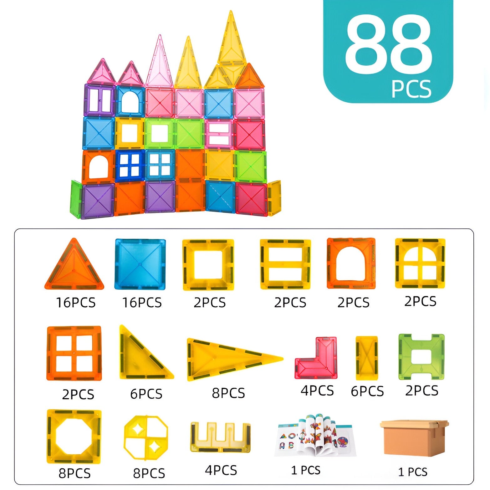 Set 88 Piese Magnetice de Constructie, Flippy, Piese 5.5 cm, Magnetic Tiles, Forme Geometrice, 3 Ani, ABS, Magnet, 27.5 x 21.5 x 17 cm, Multicolor-4