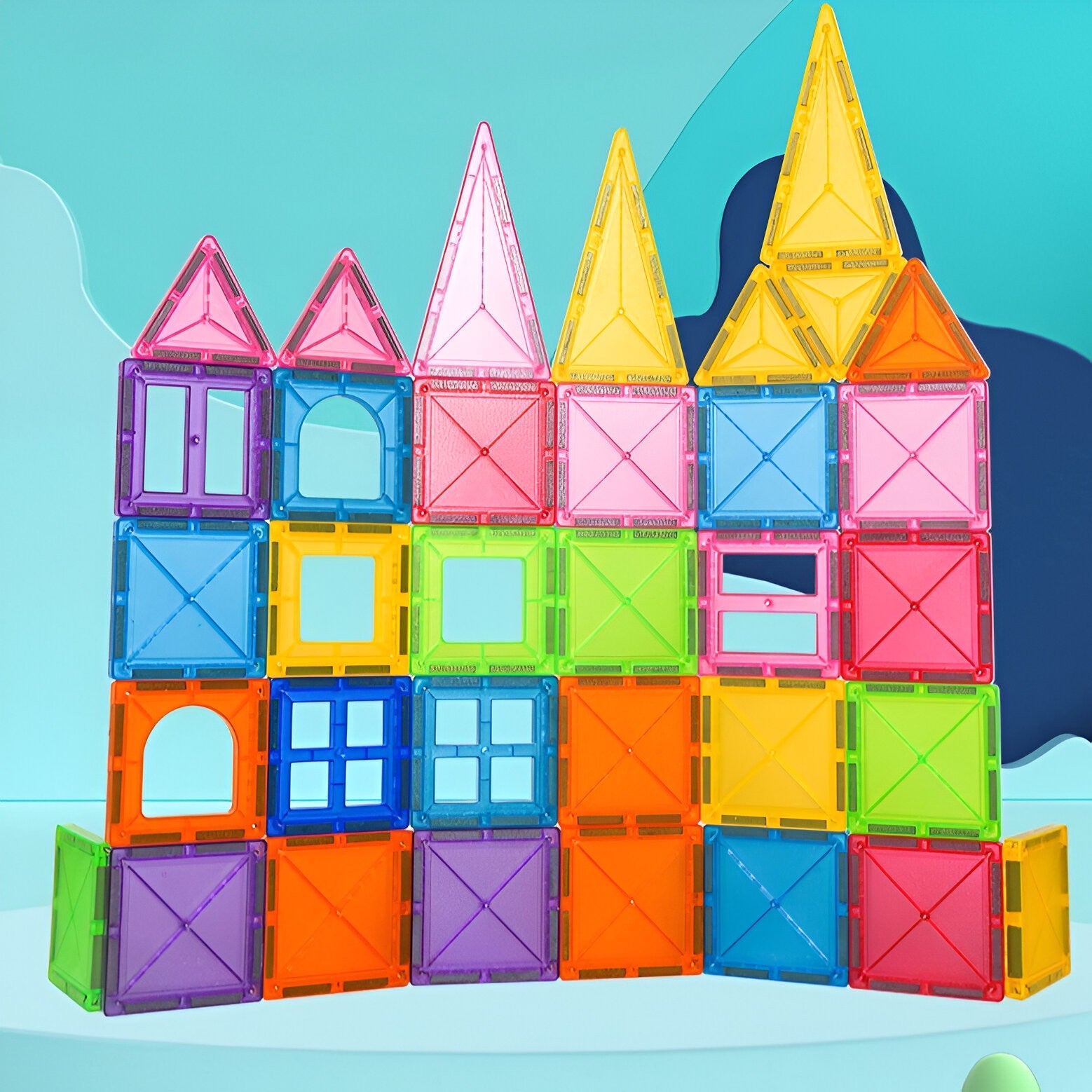 Set 88 Piese Magnetice de Constructie, Flippy, Piese 5.5 cm, Magnetic Tiles, Forme Geometrice, 3 Ani, ABS, Magnet, 27.5 x 21.5 x 17 cm, Multicolor-5