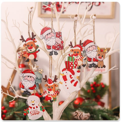 Set 9 Decoratiuni de Craciun din Lemn, Flippy, cu Snur pentru Agatare in Brad, 3 Modele, Model Mos Craciun cu Brad, Ren si Cadouri, Diferite Dimensiuni, Multicolor-2