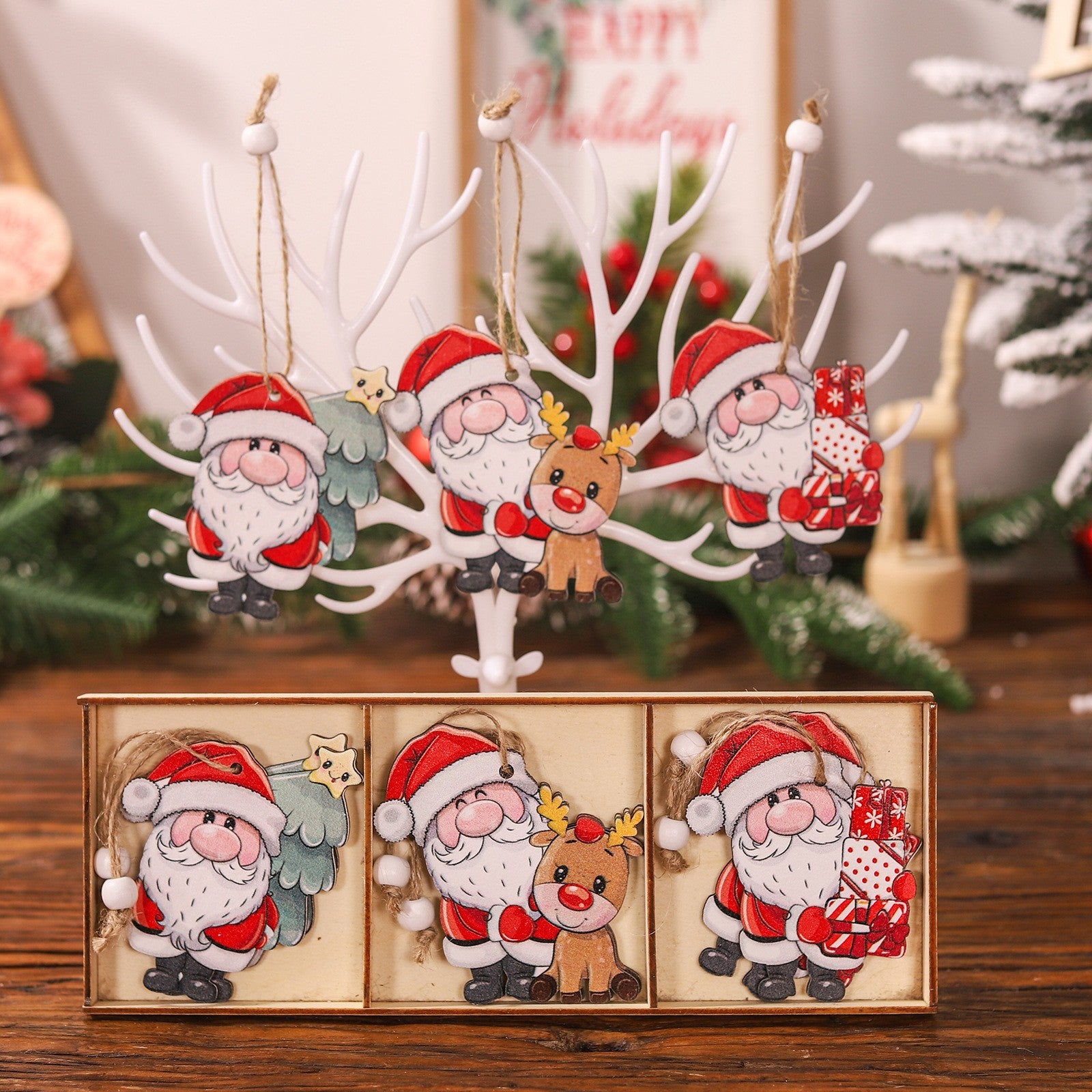 Set 9 Decoratiuni de Craciun din Lemn, Flippy, cu Snur pentru Agatare in Brad, 3 Modele, Model Mos Craciun cu Brad, Ren si Cadouri, Diferite Dimensiuni, Multicolor-5