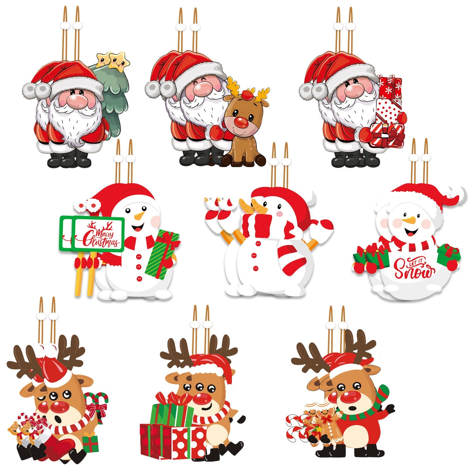 Set 9 Decoratiuni de Craciun din Lemn, Flippy, cu Snur pentru Agatare in Brad, 3 Modele, Model Mos Craciun cu Brad, Ren si Cadouri, Diferite Dimensiuni, Multicolor-6