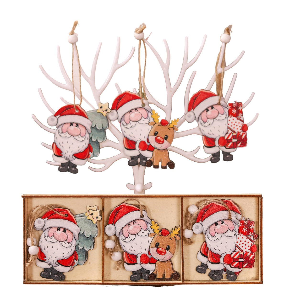 Set 9 Decoratiuni de Craciun din Lemn, Flippy, cu Snur pentru Agatare in Brad, 3 Modele, Model Mos Craciun cu Brad, Ren si Cadouri, Diferite Dimensiuni, Multicolor-0