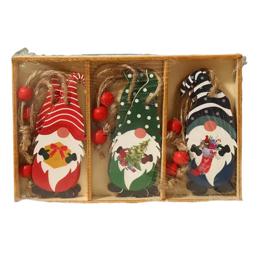 Set 9 Decoratiuni de Craciun din Lemn, Flippy, cu Snur pentru Agatare in Brad, 3 Modele Mos Craciun Diferite Dimensiuni, Multicolor-0