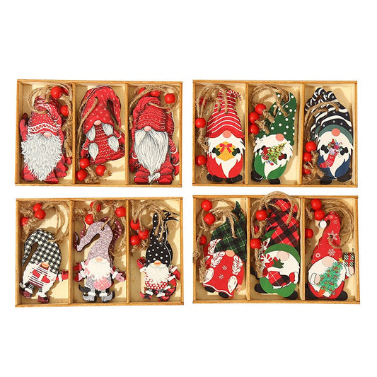 Set 9 Decoratiuni de Craciun din Lemn, Flippy, cu Snur pentru Agatare in Brad, Model Mos Craciun Diferite Dimensiuni, 3 Modele, Multicolor-1