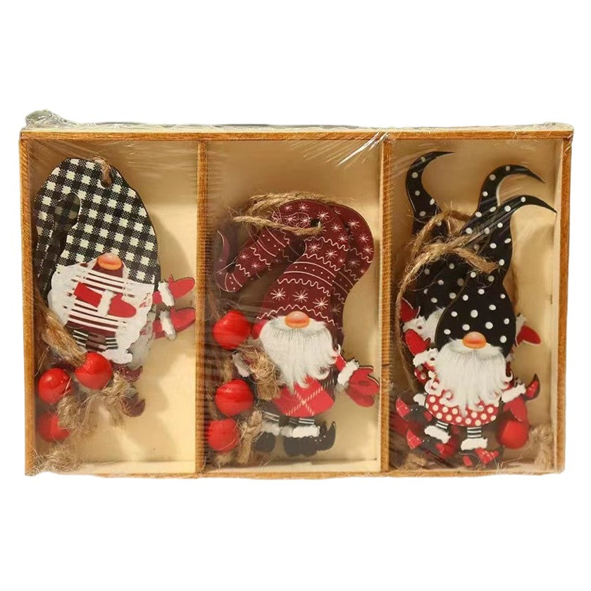 Set 9 Decoratiuni de Craciun din Lemn, Flippy, cu Snur pentru Agatare in Brad, Model Mos Craciun Diferite Dimensiuni, 3 Modele, Multicolor-0