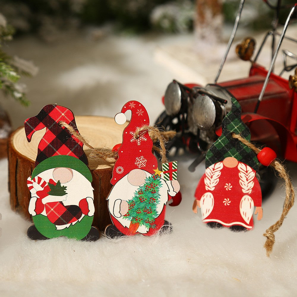 Set 9 Decoratiuni de Craciun din Lemn, Flippy, cu Snur pentru Agatare in Brad, Model Mos Craciun Pitic Diferite Dimensiuni, 3 Modele, Multicolor-2