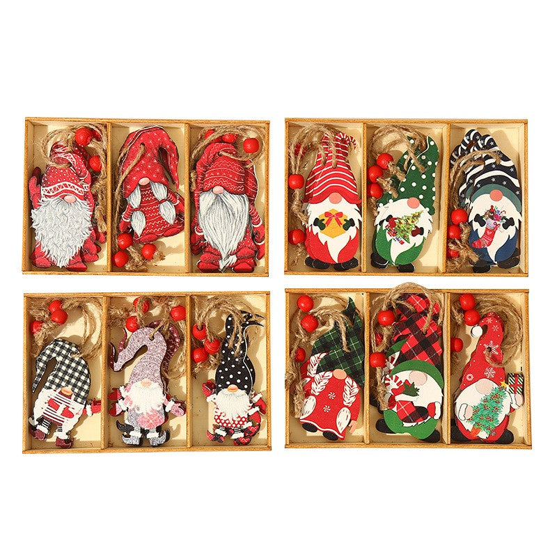 Set 9 Decoratiuni de Craciun din Lemn, Flippy, cu Snur pentru Agatare in Brad, Model Mos Craciun Pitic Diferite Dimensiuni, 3 Modele, Multicolor-3