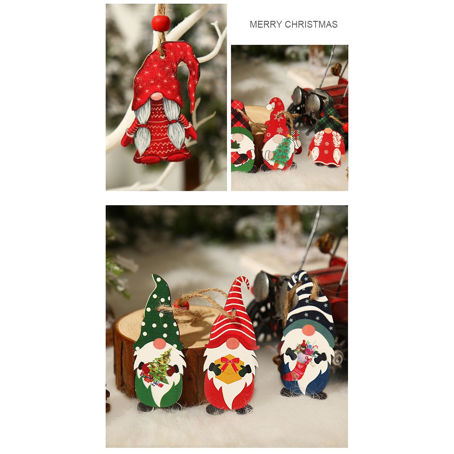 Set 9 Decoratiuni de Craciun din Lemn, Flippy, cu Snur pentru Agatare in Brad, Model Mos Craciun Pitic Diferite Dimensiuni, 3 Modele, Multicolor-4